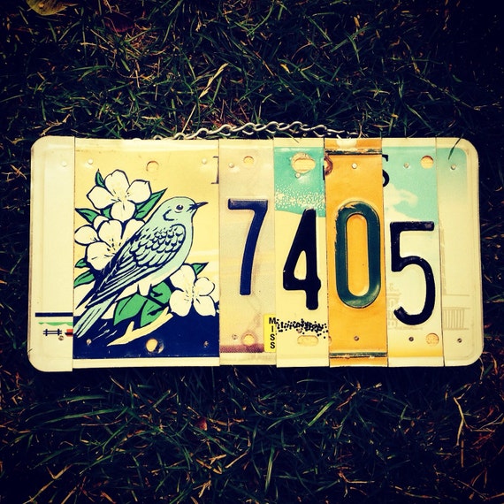 License plate. House Number. Sign. Housewarming. Giftidea. Bluebird. Customsign. Recycled. Homedecor