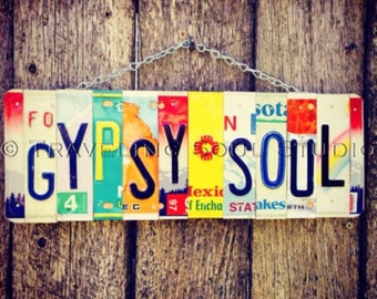 Boho Sign- Gypsy Soul- License Plate Art- Bohemian Decor- Hippie Room Decor-