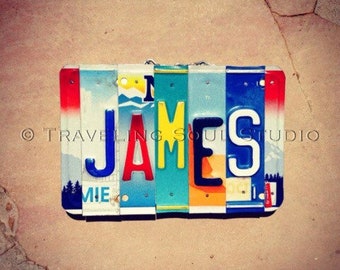 License Plate Art - Gift for him - eco friendly - boys room decor - bachlor pad - recycled license plates - custom name