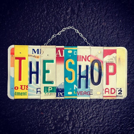 THE SHOP License Plate Garage Sign. Business Sign. Repair shop. Garage Sign. Mechanic Gift. Gift For Him. License Plate. Car Decor