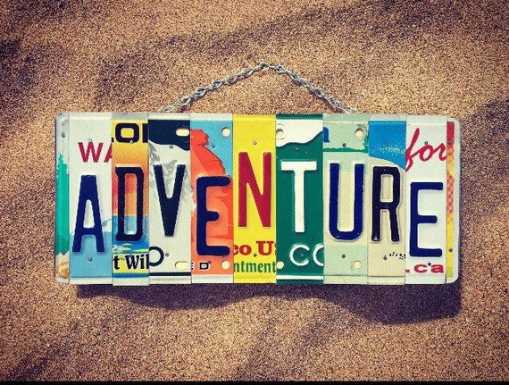 ADVENTURE Sign. Gift for Travelers.    Road Trip Gift. Adventure Inspiration. License Plate Art. License Plate Sign. Tribal Decor.