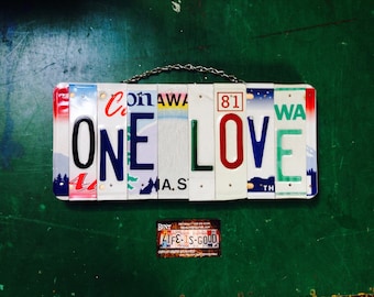 One Love License Plate Wall Hanging, Hippie Decor, Gift for Teen, Birthday Gift Idea, Dorm Room Sign, Recycled License Plates, Handmade Sign