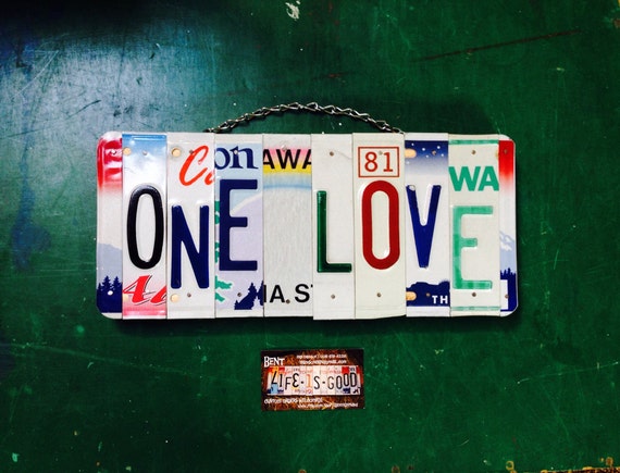 One Love License Plate Wall Hanging, Hippie Decor, Gift for Teen, Birthday Gift Idea, Dorm Room Sign, Recycled License Plates, Handmade Sign