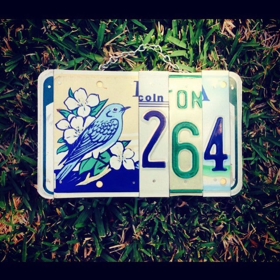 Blue bird. Bird. House number. License plate. Address. Sign. Custom. Number. Flowers. Home decor