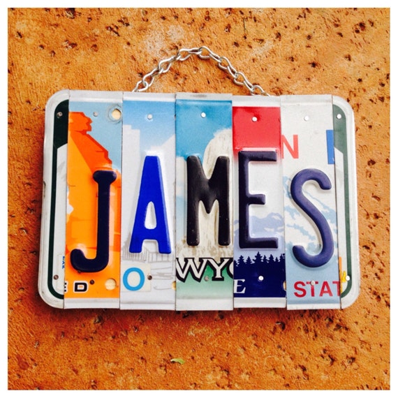 Car Theme Decor, James, Name Plate, License Plate Art, Personalized Decor, Family Name, Wood Sign, Gift for Dad.