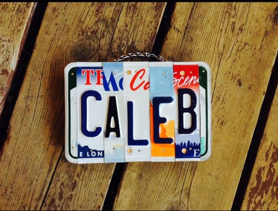 Caleb. Boys. License plate. Sign. Recycled. Room decor. Name. Stocking. Room. Personalized