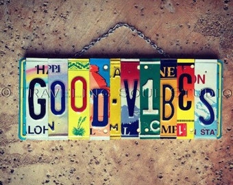 Good Vibes License Plate Sign, Birthday Gift for Teen, Hippie Room Decor, License Plate Art, Dorm Room Sign, Bohemian Gifts. Made in USA.