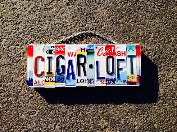Cigar. Bar. Smokers. Sign. License plates. Upcycled. Loft. Mancave. Garage. Room decor. For him. Christmas.