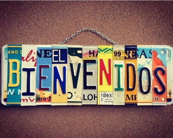 Welcome Sign, Bienvenidos, Home Decor, License Plate Sign, License 