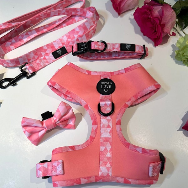 Dog/Cat Bundle DELUXE Mosaic Pink Salmon Passion  Leash+Collar+Harness+Bow tie   | Chien/Chat Ensemble DELUXE Mosaic Pink Salmon Passion