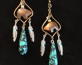 Native Inspired Bear with Turquoise Inlaid Feather and Teardrop beads earrings