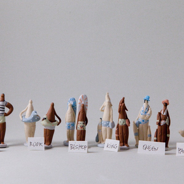 Chess Board Game Stoneware Sculptures " Chess Holidaymakers" Handmade Ceramic Miniatures Figures by MURTIGA