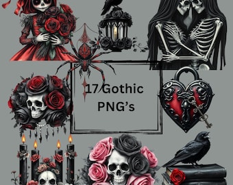 May include: A set of 17 gothic-themed digital images, including a skeleton couple, a skull with roses, a spider, a lantern, a heart-shaped lock, a crow, and candles. The images are in PNG format.