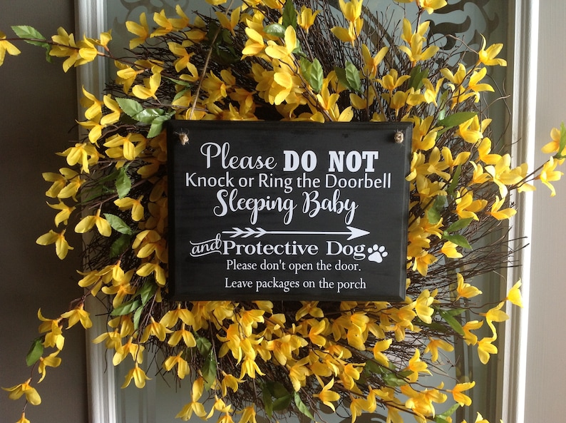 Please Do Not Knock or Ring Doorbell Sleeping Baby and Protective Dog Leave packages on porch hanging door sign custom sign
