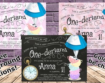 Alice in One-derland Birthday Party Invitation - 3 Backgrounds! - Any Color!