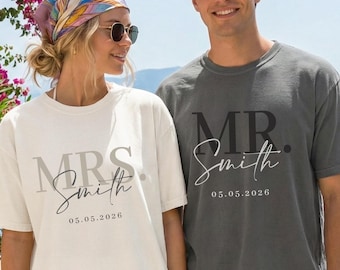 Koszulka „Państwo poślubni” | Nazwisko i data na zamówienie | Koszulka dla par „poślubni” | Prezent dla nowożeńców