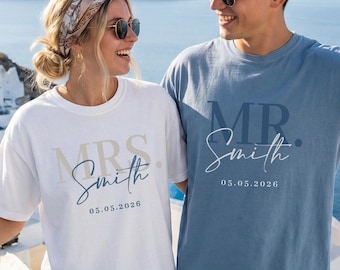 Personalizowane koszulki ślubne dla pana i pani | Spersonalizowana koszulka dla par z nazwiskiem
