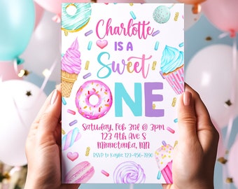 Sweet One Candy Dessert Sweets 1st Birthday Digital Invitation - Girl's Birthday Invite - DIY Birthday Template - Corjl Instant Download!