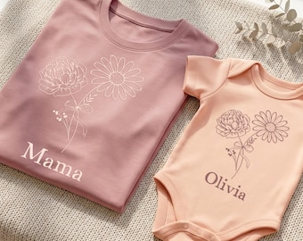 Koszulki z motywem kwiatów dla mamy i dziecka – spersonalizowany, dopasowany strój