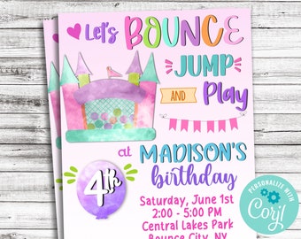 May include: A pink birthday party invitation with the text "Let's BOUNCE, JUMP AND Play" and "at MADISON'S birthday". The invitation features a colorful bouncy castle graphic and a balloon with the number "4th".