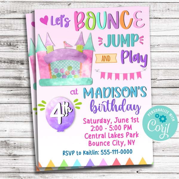 Bounce House Digital Invitation - Girl's Birthday Invite - DIY Birthday Template - Edit with Corjl - Instant Download! Bounce Castle Party