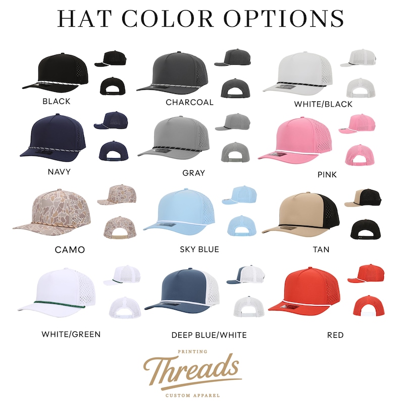 Puede incluir: Una variedad de gorras de b&eacute;isbol en diferentes colores, incluyendo negro, carb&oacute;n, azul marino, gris, rosa, camuflaje, azul cielo, beige, blanco/verde, azul oscuro/blanco y rojo. Cada gorra tiene una visera curva y una parte trasera de malla. El texto "HAT COLOR OPTIONS" est&aacute; en la parte superior.