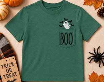 Toddler and Kids Halloween Pocket Tee, Embroidered Ghost and BOO Shirt, Toddler Halloween Shirt, Boys Spooky Pocket T-Shirt