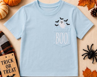 Maglietta di Halloween per bambini e ragazzi con taschino, con fantasma ricamato e scritta BOO, maglietta di Halloween per bambini, maglietta spettrale con taschino per ragazzi