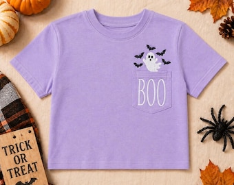 Maglietta di Halloween per bambine, neonate e bambine con taschino, con fantasma ricamato e scritta BOO, maglietta di Halloween per bambine, maglietta spettrale con taschino per bambine