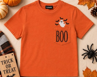 Maglietta di Halloween per bambini e ragazzi con taschino, con fantasma ricamato e scritta BOO, maglietta di Halloween per bambini, maglietta spettrale con taschino per ragazzi