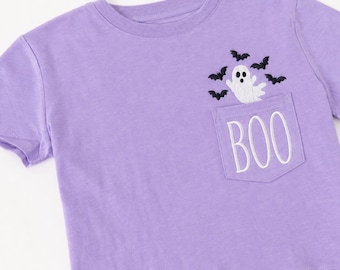 Maglietta di Halloween per bambine, neonate e bambine con taschino, con fantasma ricamato e scritta BOO, maglietta di Halloween per bambine, maglietta spettrale con taschino per bambine