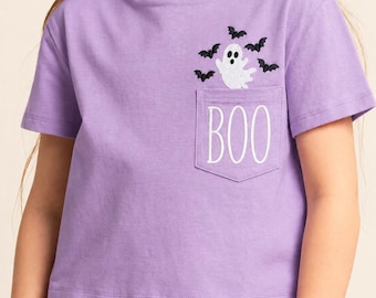 Maglietta di Halloween per bambine, neonate e bambine con taschino, con fantasma ricamato e scritta BOO, maglietta di Halloween per bambine, maglietta spettrale con taschino per bambine