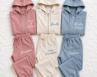 Completo personalizzato per la sposa che si prepara / Felpa con zip e pantaloni della tuta o pantaloncini personalizzati / Tuta coordinata per le damigelle / Abbigliamento da casa per il matrimonio
