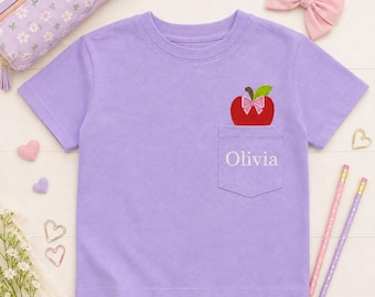 Maglietta personalizzata con taschino per il ritorno a scuola, maglietta con mela ricamata, completo scolastico per bambina, maglietta personalizzata con nome per bambina