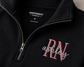 Bluza z nadrukiem pielęgniarki z zamkiem błyskawicznym 1/4, haftowany sweter pielęgniarski, spersonalizowany prezent dla pielęgniarki, prezent na ukończenie studiów pielęgniarskich, monogram z zamkiem błyskawicznym 1/4