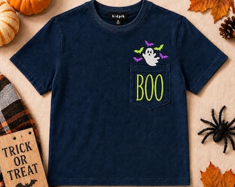 Maglietta di Halloween per bambini e ragazzi con taschino, con fantasma ricamato e scritta BOO, maglietta di Halloween per bambini, maglietta spettrale con taschino per ragazzi