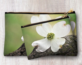 Dogwood Flower Zipper Pouch, Nature Make Up Evening Bag, Colorful Cosmetic Bag, Spring Accessories Clutch, Floral Carry- All Bag