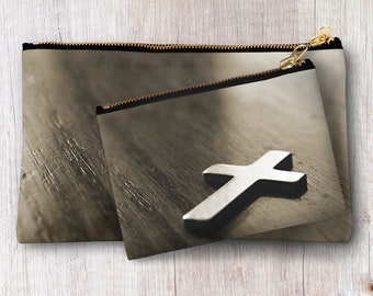 Christian Cross Photo Zipper Pouch, Sepia Brown Makeup and Evening Bag, Accessories Clutch, travel makeup bag, personalized pouch