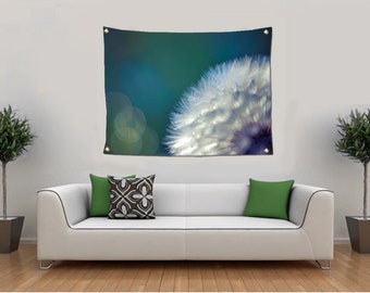 Teal Blue Dandelion Wall Tapestry, Tapestry Wall Hanging, Floral Dorm Room Decor, Nature Photo Tapestry, Large Wall Decor, Teal Garden Flag