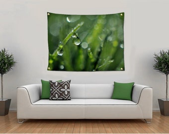 Green Grass Tapestry, Dew Drops Tapestry, Water Drop Tapestry, Macro Photo Tapestry, Tapestry Wall Hanging, Green Bohemian Dorm Room Decor