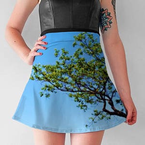 Tree Against a Blue Sky Printed Flare Skater Skirt, Nature Photo Digital Print Reversible Spandex Mini Skirt