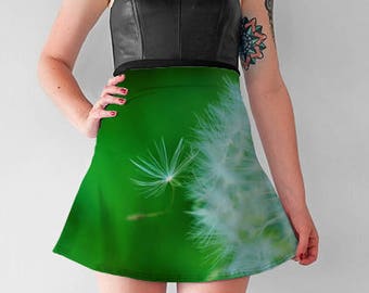 Dandelion Flower Flare Skirt, Nature Photo Digital Print Skater Skirt, Floral Reversible Spandex Mini Skirt
