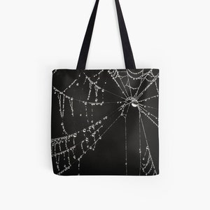 Gothic Goth Tote Bag, CobWeb Book Bag, Reusable tote bag, Black & White Market bag, Spider Web Photo, Halloween Canvas Bag