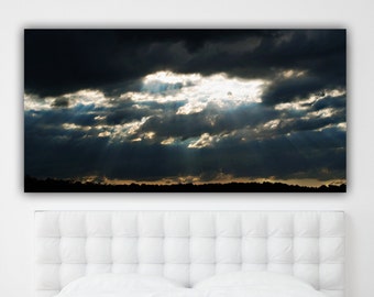 Stormy Sky Photograph, Wide Print Panorama Photo Prints, Cloud Photography, Sun Rays and Clouds Panoramic Print Living Room Office Decor