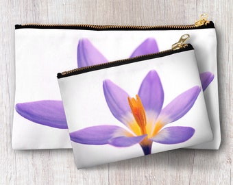 Purple Crocus Flower Zipper Pouch, Floral Evening Bag, Cosmetic Accessories Clutch, Floral Personalized Bridesmaid Best Friend gift