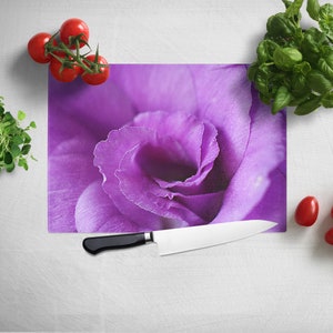 Purple Flower Glass Kitchen Cutting Board, Nature Photo Trivet Hot Pad, Gift for a chef cook, Deep Purple Floral Hostess Gift