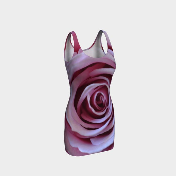 Pink Rose Floral Bodycon Dress, Flower Photo Digital Print Reversible Spandex Mini Dress