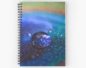 Blue Water drop Journal, Peacock Feather Blank Sketchbook, Dream Journal, Ruled Lined Diary, Nature Spiral Notebook, Blue HardCover Book