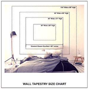 May include: A size chart for wall tapestries, showing different sizes in inches, including a standard queen size bed. The chart is displayed on a white wall with a bed in the foreground.