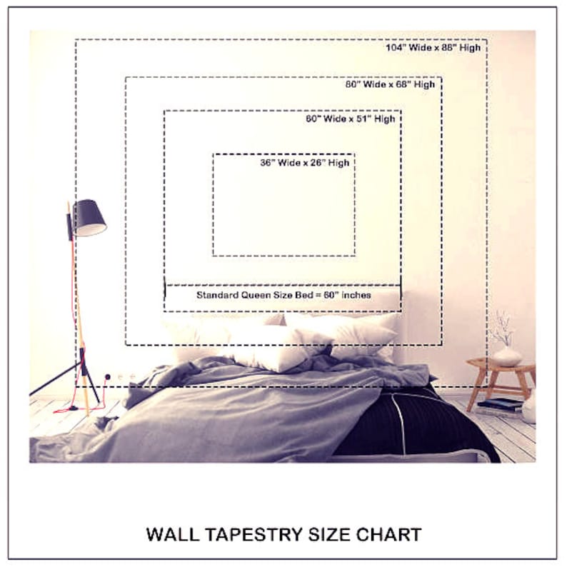 May include: A size chart for wall tapestries, showing different sizes in inches, including a standard queen size bed. The chart is displayed on a white wall with a bed in the foreground.